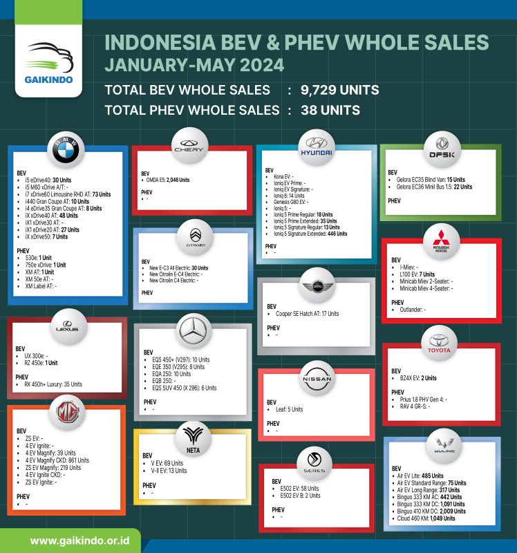 Indonesia BEV & PHEV Whole Sales by Brand, January-May 2024