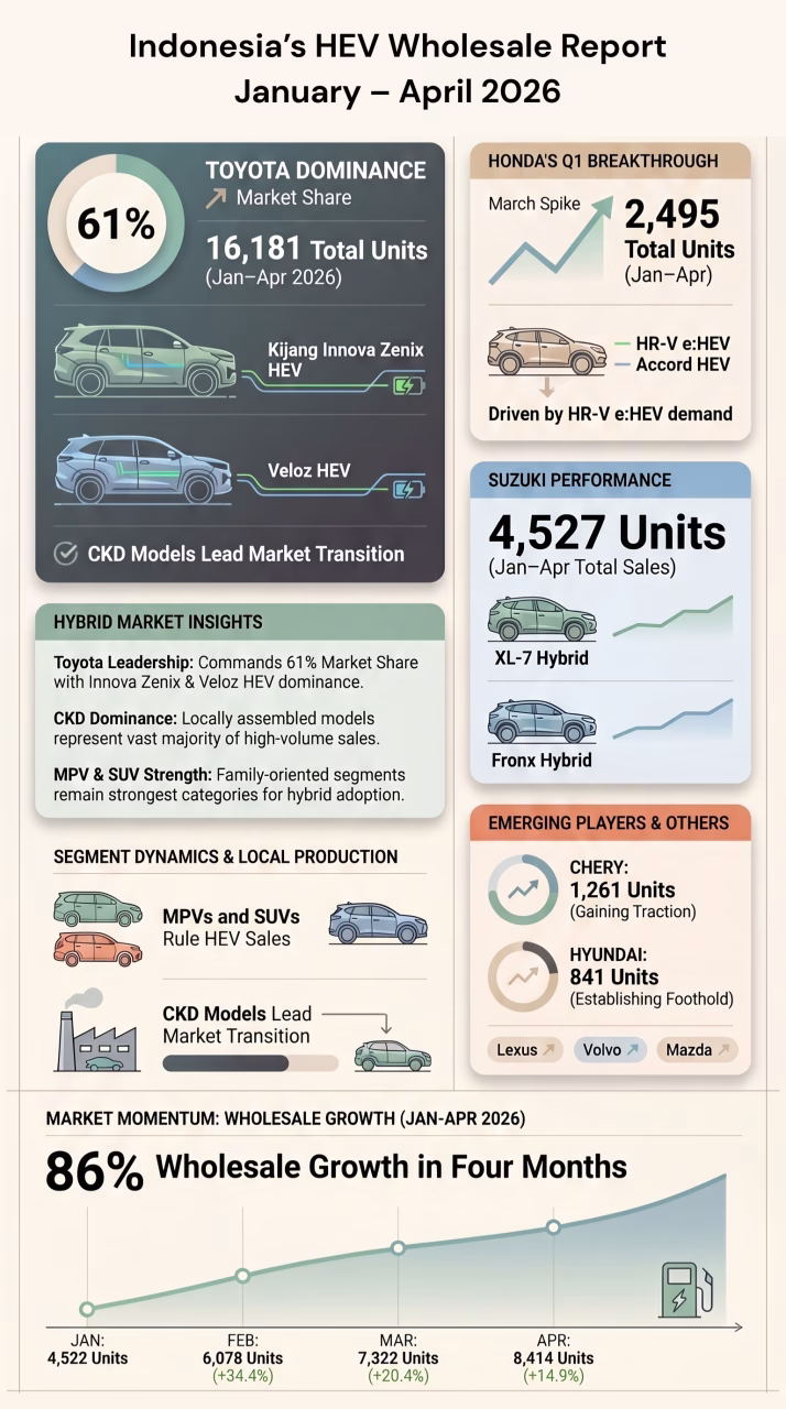 Indonesia HEV Whole Sales Market Performance, January – April 2026