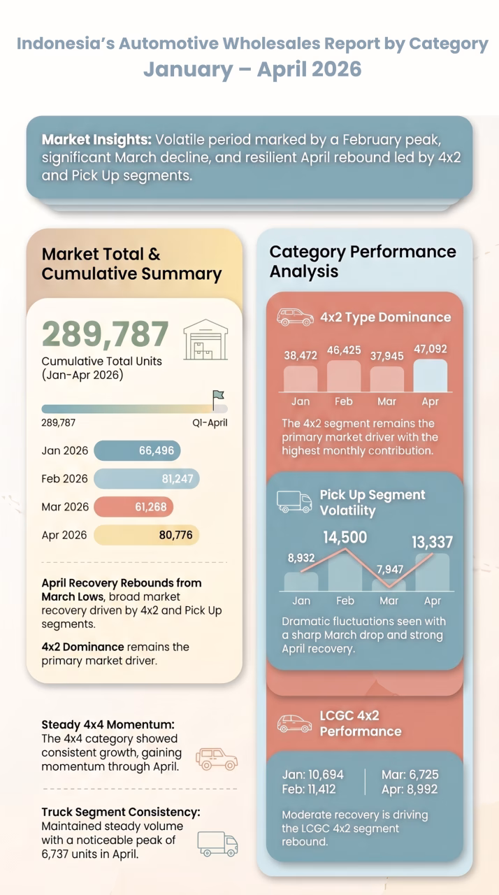 Indonesia’s Automotive Wholesales Report by Category, January – April 2026