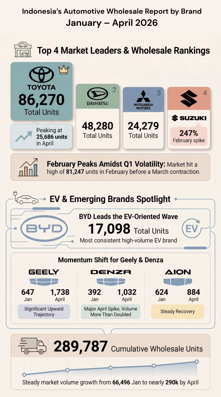 Indonesia’s Automotive Wholesales Report by Brand, January – April 2026